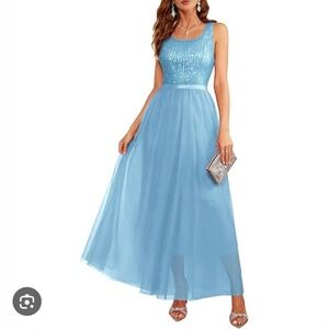 BeryLove Light Blue Sequin Tulle Maxi Dress Sleeveless Formal Evening Gown Small
